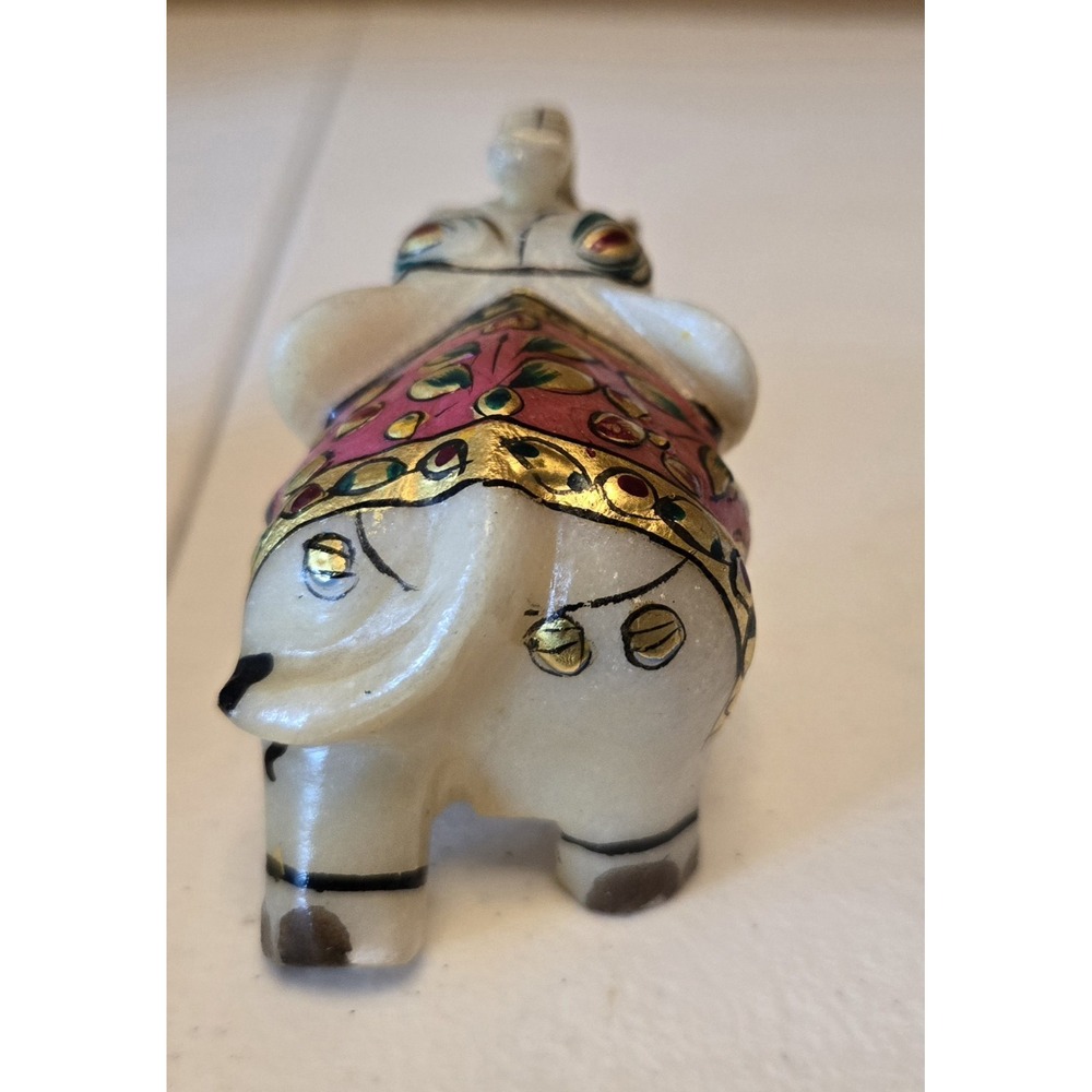 Marble Elephant Figurine Hand Painted Carved Indian Art‎ Trunk Up Pink Gold - Picture 4 of 7